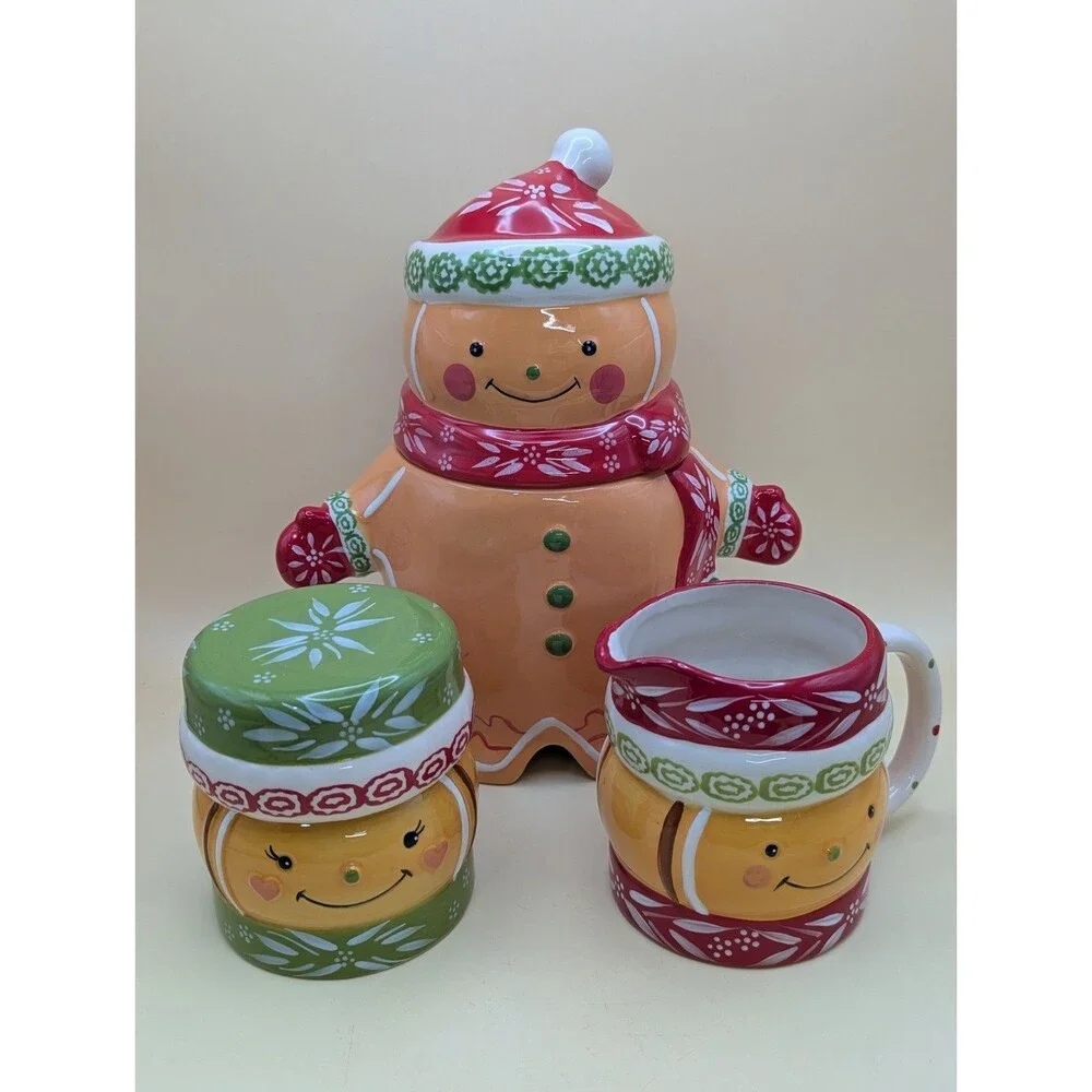 Temp-tations Gingerbread Man Cookie Jar Creamer Sugar Bowl Set Christmas Holiday